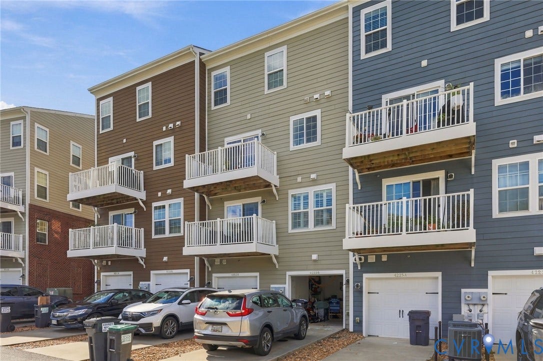 4223 Saunders Tavern Trail, #A, Henrico, VA 23233 Multi-level exterior featuring horizontal lap siding, attached private balconies with white railings, and individual ground-level garage access