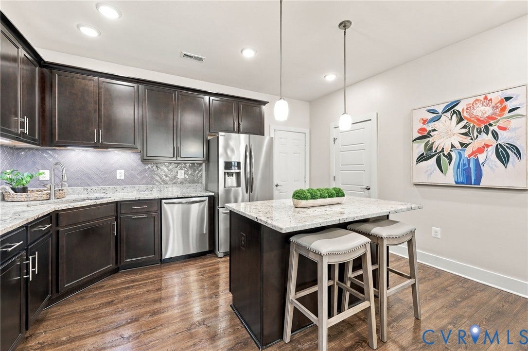 4223 Saunders Tavern Trail, #A, Henrico, VA 23233 Kitchen featuring dark cabinetry, stone-finish countertops, a herringbone-pattern tile backsplash, stainless steel appliances, and a center island with pendant lighting
