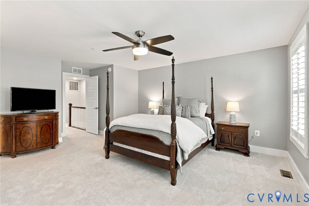 4223 Saunders Tavern Trail, #A, Henrico, VA 23233 Bedroom featuring neutral wall paint, carpeted flooring, a ceiling fan with integrated lighting, and window shutters