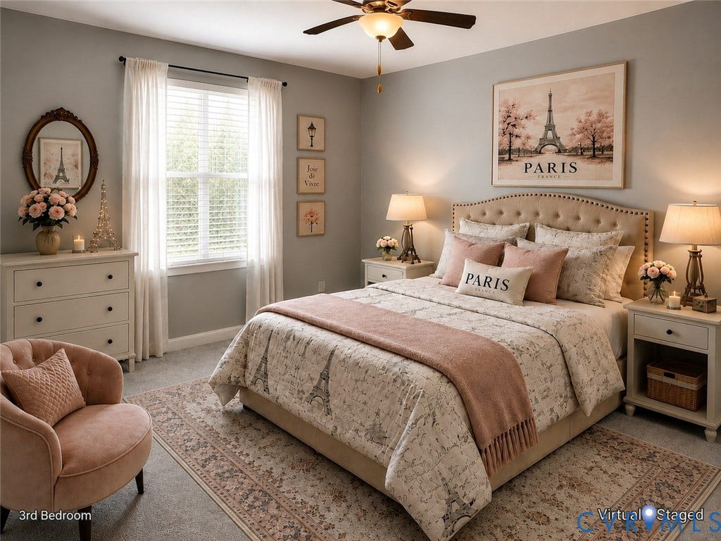 Elegant third bedroom featuring neutral gray walls, a ceiling fan, carpeted flooring, and large windows providing abundant natural light