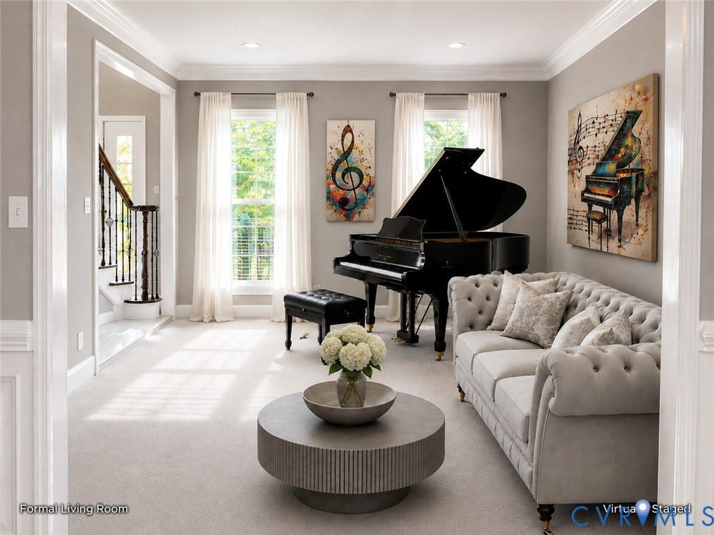 Formal living room featuring recessed lighting, crown molding, double windows, abundant natural light, and carpeted flooring, with an open, well-proportioned layout and a bright, inviting feel