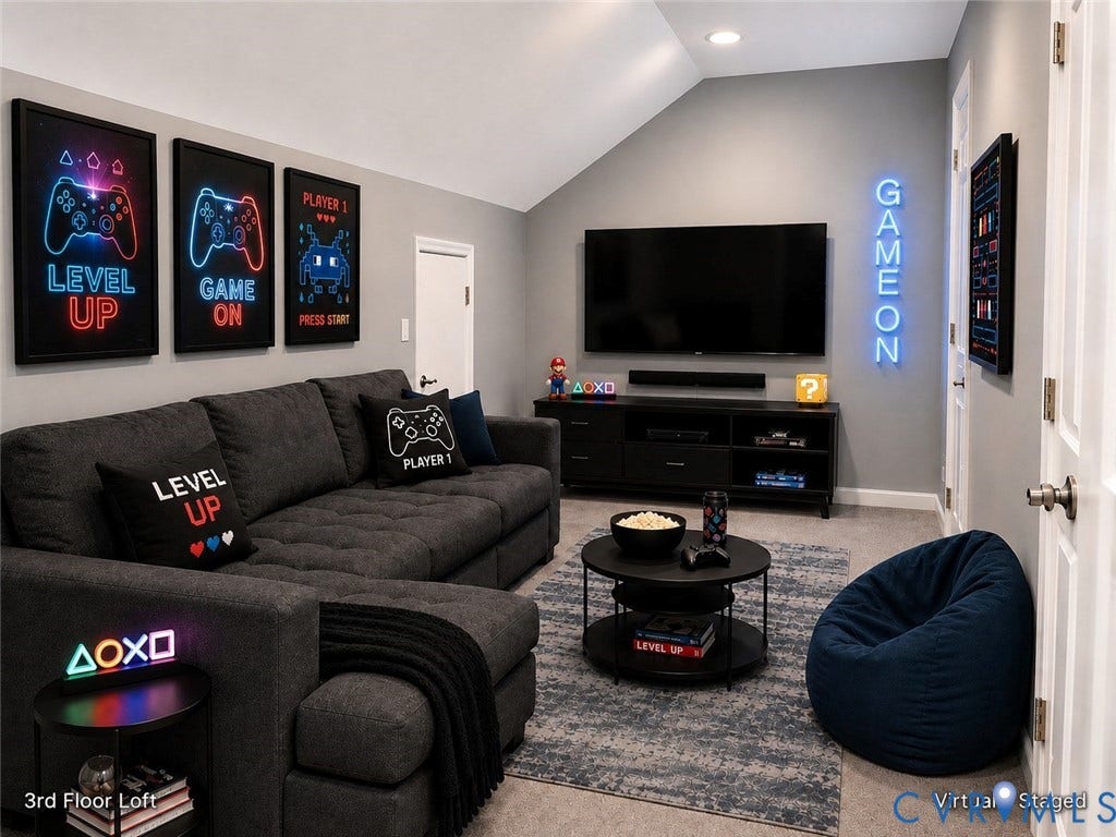 Spacious third-floor loft featuring a sloped ceiling, neutral wall finishes, carpeted flooring, and recessed lighting. The open layout offers flexible space suitable for a variety of uses.