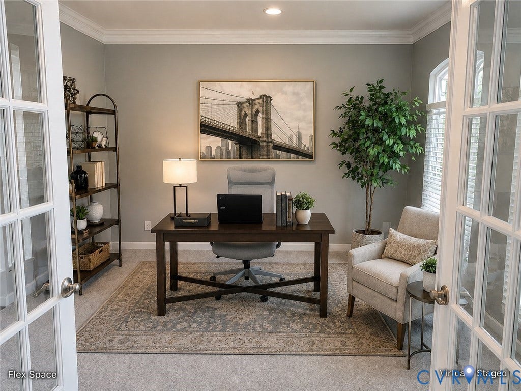 Flex room featuring neutral wall finishes, recessed ceiling lighting, crown molding, and abundant natural light through French doors and multiple windows. A versatile space well suited for a home office, study, or additional living area.