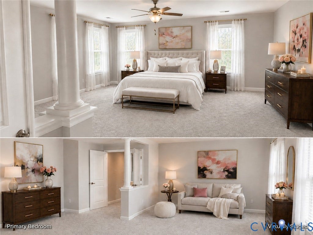 Spacious primary bedroom with abundant natural light, multiple windows, and an open sitting area. The generous layout provides ample space for a comfortable retreat and includes a defined transition to the adjoining areas.