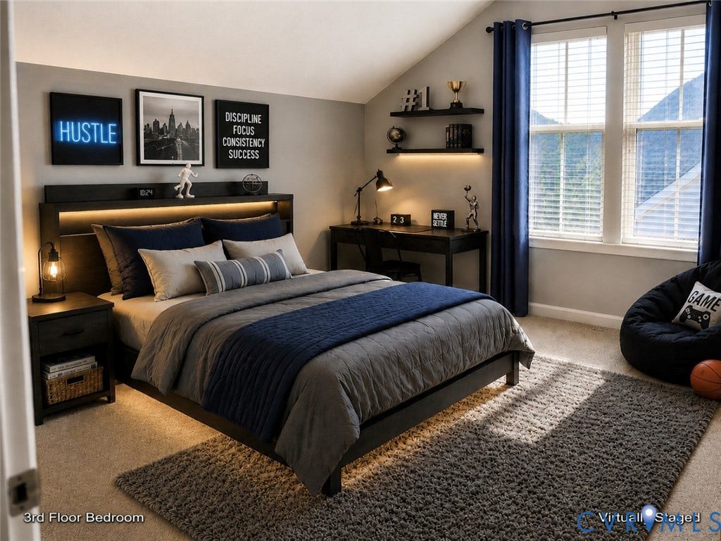 Spacious third-floor bedroom with a distinctive sloped ceiling, multiple windows providing abundant natural light, and carpeted flooring. The room offers a comfortable, versatile layout with a spacious upper-level feel.