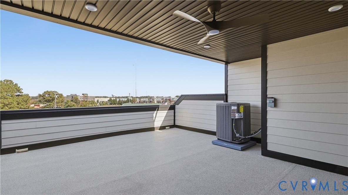 11612 Switch Drive, Midlothian Depot, Midlothian, VA 23113 Covered balcony featuring horizontal lap siding, recessed lighting, a modern ceiling fan, and composite decking