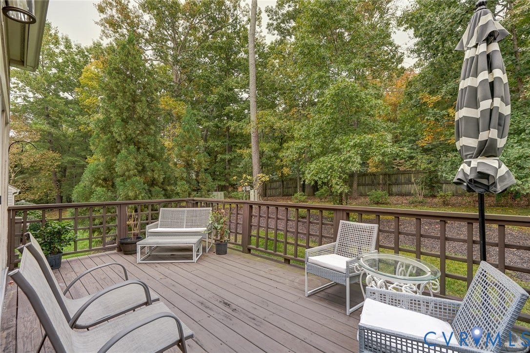 1109 Lakeland Circle, Henrico, VA 23229 Elevated wood deck with perimeter latticed railings, overlooking a wooded lot with mature trees and a privacy fence