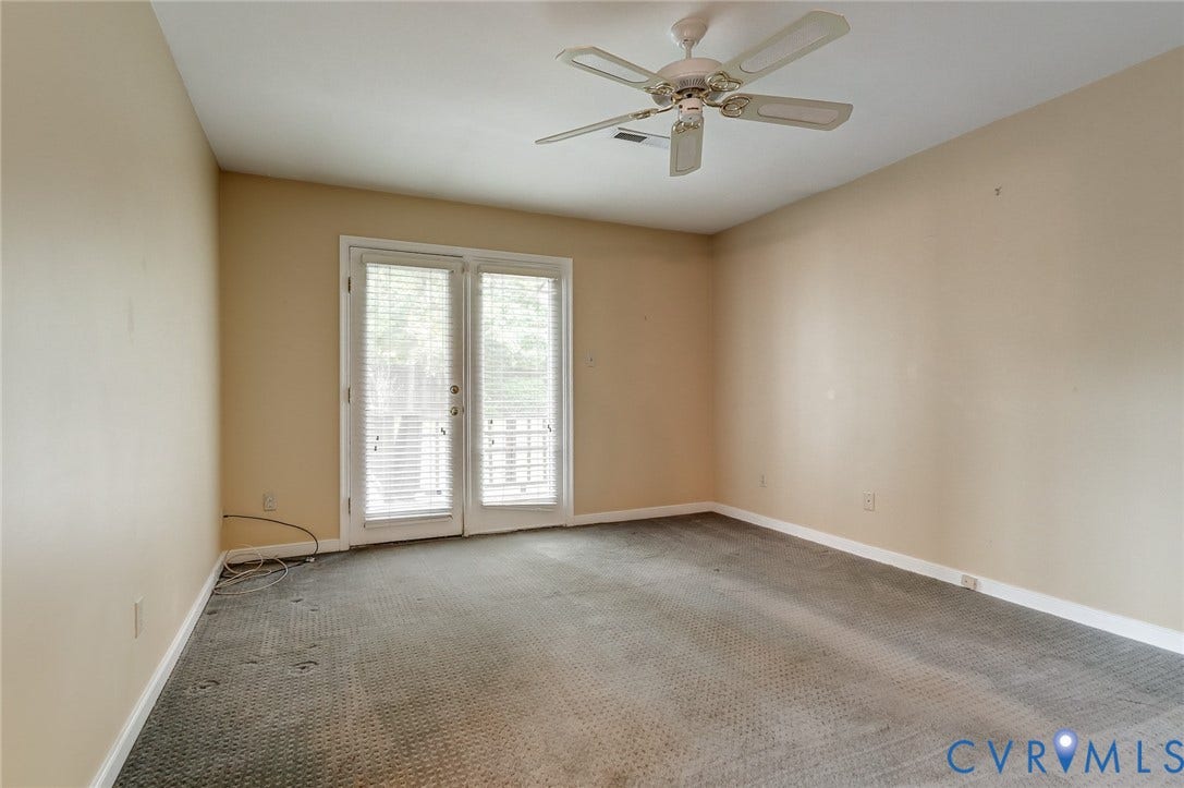 1109 Lakeland Circle, Henrico, VA 23229 Room featuring carpeting, white ceiling fan, and double glass-paned doors with integrated blinds