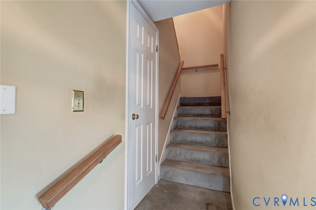 1109 Lakeland Circle, Henrico, VA 23229 Staircase featuring wall-mounted wood handrails and a six-panel door