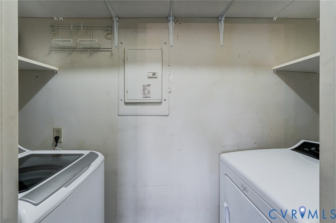 1109 Lakeland Circle, Henrico, VA 23229 Dedicated laundry area featuring dual white open-frame wall shelves and a recessed electrical service panel