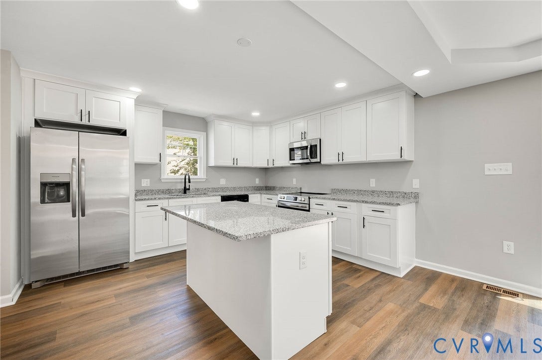914 Diamond Street, Petersburg, VA 23803 Kitchen featuring white shaker-style cabinetry, stone-finish countertops, stainless steel appliances, central island, and wood-finish flooring