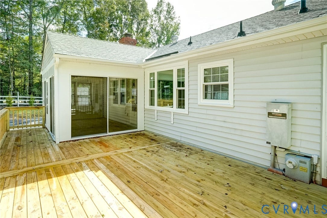 4130 Charles City Road, Charles City, VA 23231 Exterior wood deck featuring light-colored horizontal siding, a sliding glass door, and multi-pane windows