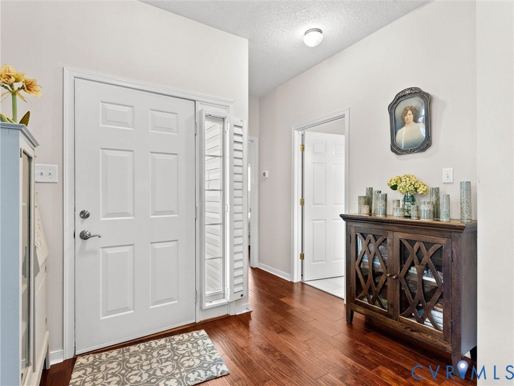 4105 English Holly Circle, Glen Allen, VA 23294 Entryway featuring wood-finish flooring, a six-panel front door with a sidelight, and flush-mount ceiling lighting