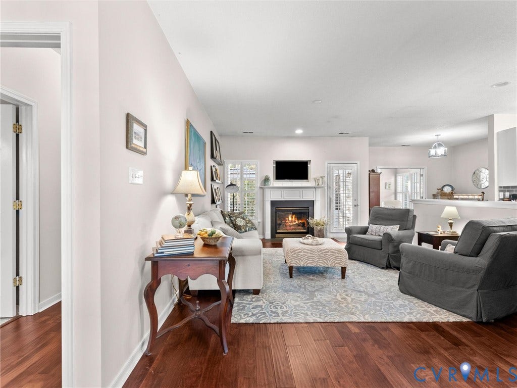 4105 English Holly Circle, Glen Allen, VA 23294 Living area featuring wood-finish flooring, a fireplace with a decorative mantel, and multi-light glass paneled exterior doors
