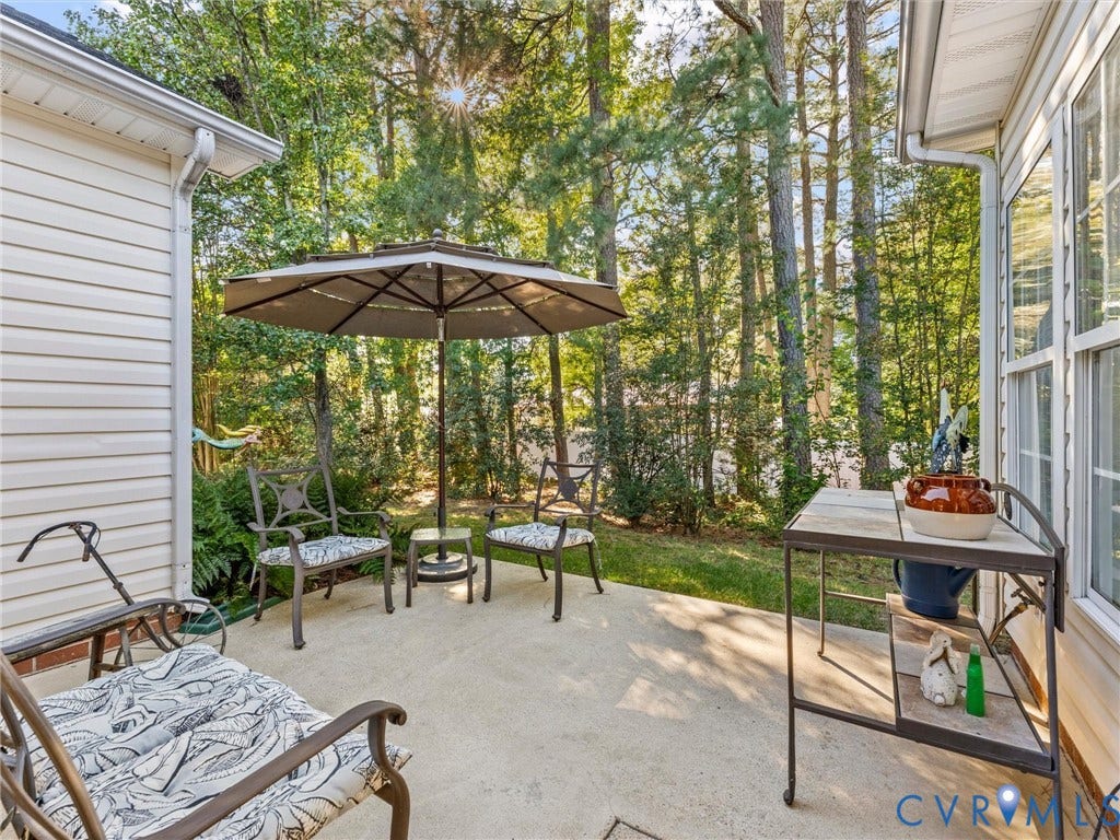 4105 English Holly Circle, Glen Allen, VA 23294 Concrete patio enclosed by light-colored vinyl siding with surrounding mature pine trees