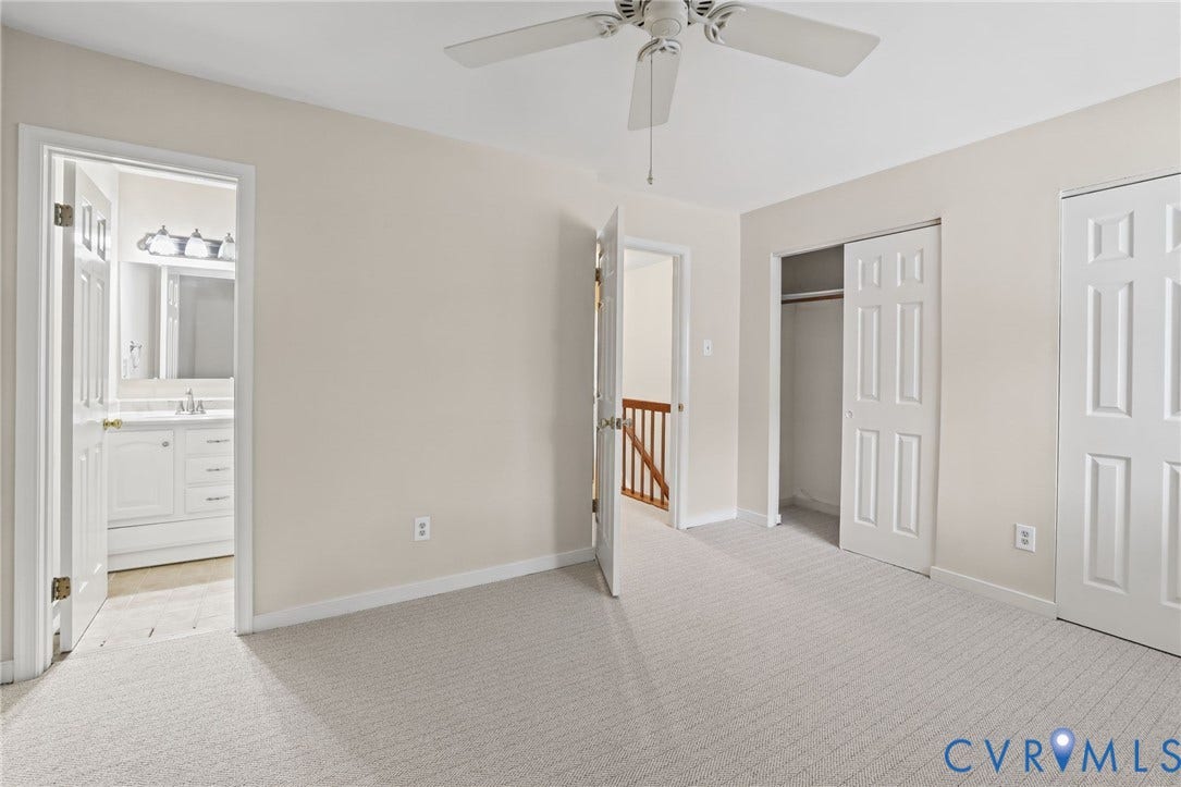 1415 Sycamore Mews Circle, Sycamore Mews, Midlothian, VA 23113 Neutral-toned interior space featuring wall-to-wall carpeting, a ceiling fan, and built-in closet storage with six-panel doors