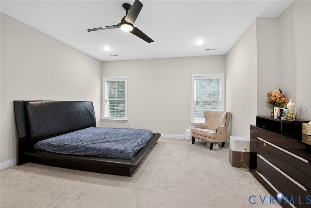 Glen Allen, VA 23059 Neutral-toned interior featuring wall-to-wall carpeting, recessed lighting, and a modern ceiling fan with integrated light