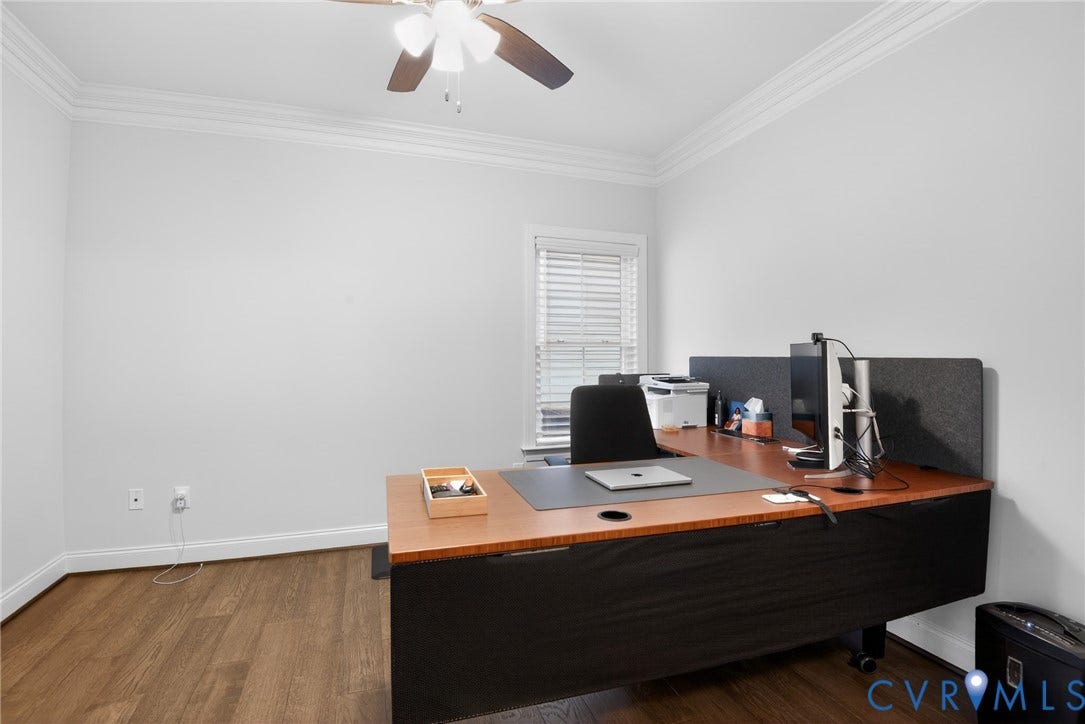 Glen Allen, VA 23059 Room featuring wood-finish flooring, crown molding, and a ceiling fan with integrated lighting