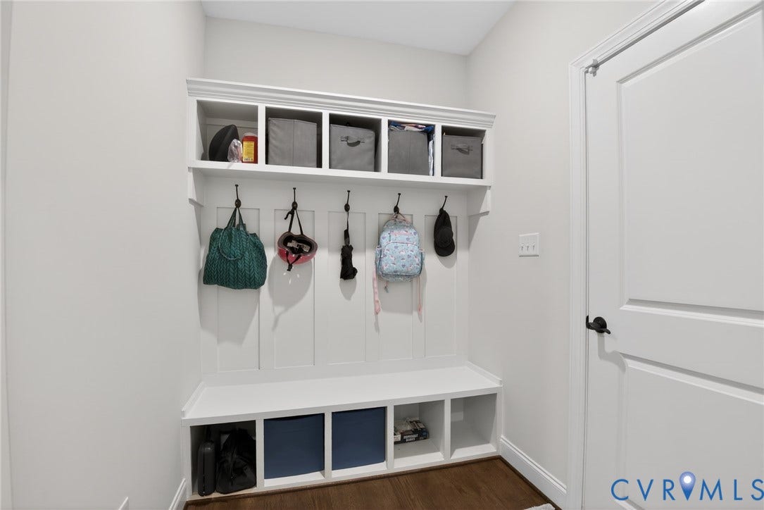 Glen Allen, VA 23059 Built-in cabinetry featuring white board-and-batten millwork, integrated upper and lower cubby storage, and wall-mounted hooks