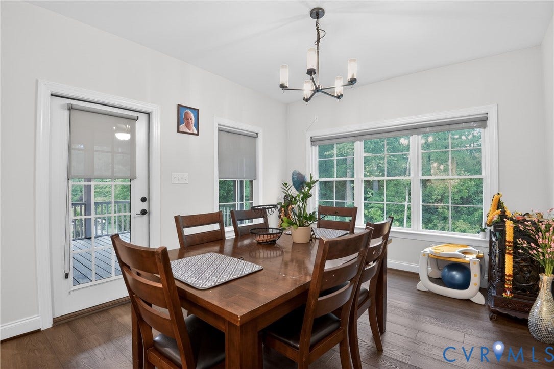 Glen Allen, VA 23059 Dining area featuring wood-finish flooring, a multi-light chandelier, and large windows with multi-pane glass
