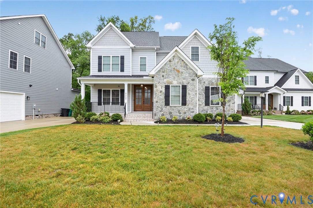Glen Allen, VA 23059 Two-story residence featuring a mixed-material exterior of stone veneer and horizontal siding, double entry doors, a covered front porch with metal railing, and a multi-gabled roofline