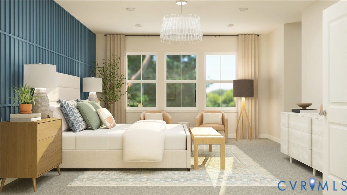 17313 Gossamer Drive, Chesterfield, VA 23120 Bedroom featuring a blue vertical slat accent wall, triple window configuration, neutral carpeting, recessed ceiling lighting, and a drum-style pendant light fixture