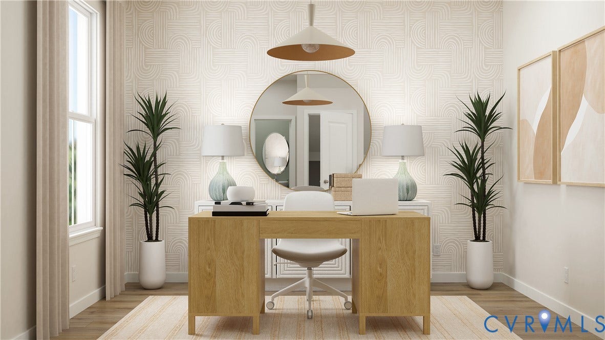 17313 Gossamer Drive, Chesterfield, VA 23120 Textured wallpaper with geometric pattern, wood-finish flooring, and minimalist pendant lighting