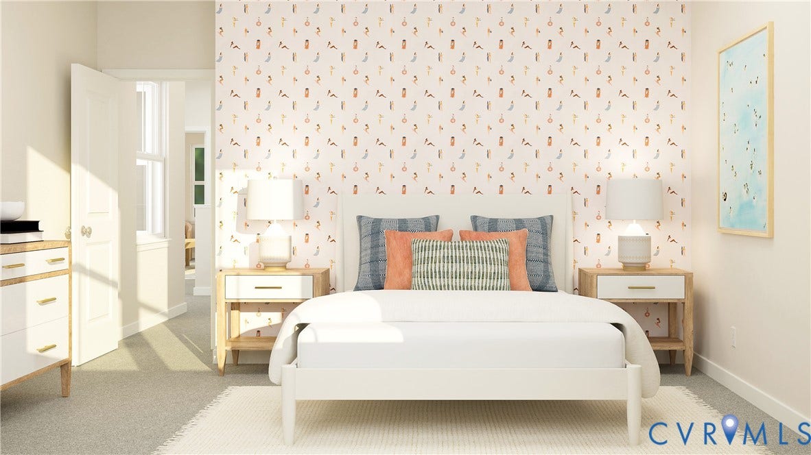 17313 Gossamer Drive, Chesterfield, VA 23120 Patterned accent wall featuring a neutral palette, carpeted flooring, and a classic paneled interior door