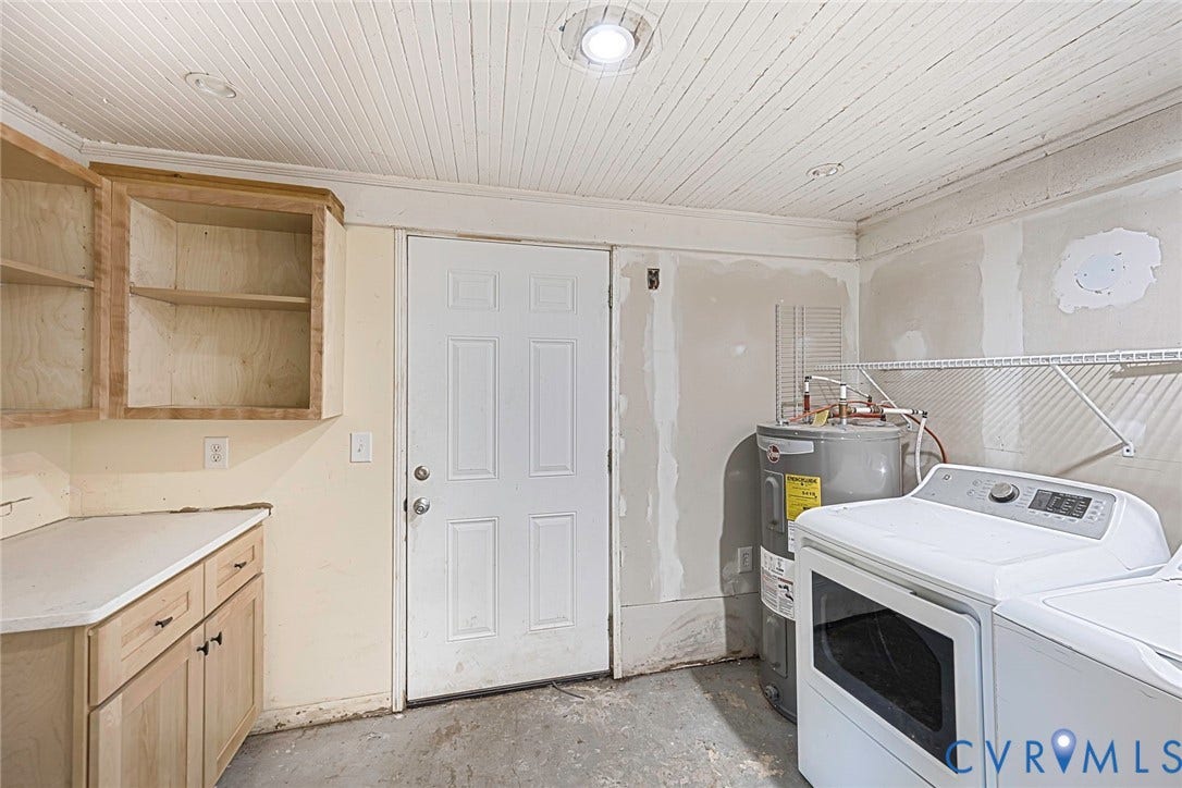 3017 Kingsdale Road, Chesterfield, VA 23237 Beadboard ceiling, shaker-style wooden cabinetry, laminate countertop, and six-panel exterior door