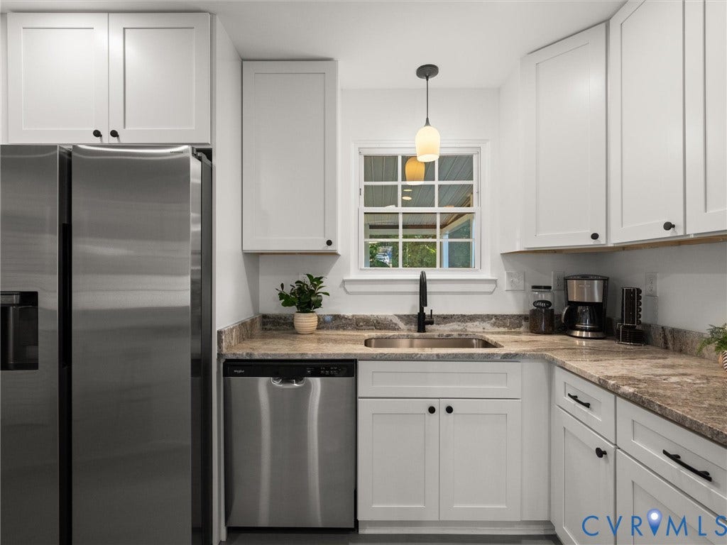 5105 Carryback Drive, Richmond, VA 23234 Kitchen featuring white Shaker-style cabinetry, stone-finish countertops, stainless steel appliances, a multi-pane window, and a modern pendant light