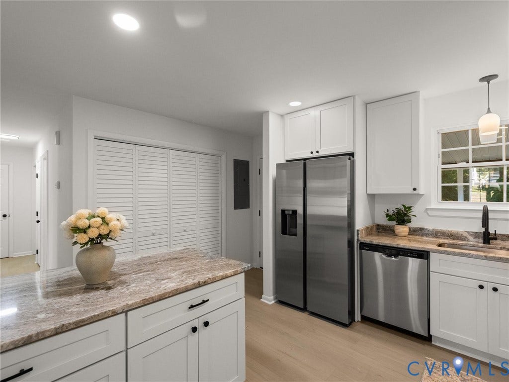 5105 Carryback Drive, Richmond, VA 23234 Kitchen featuring white Shaker-style cabinetry, stone countertops, stainless steel appliances, wood-finish flooring, and recessed lighting