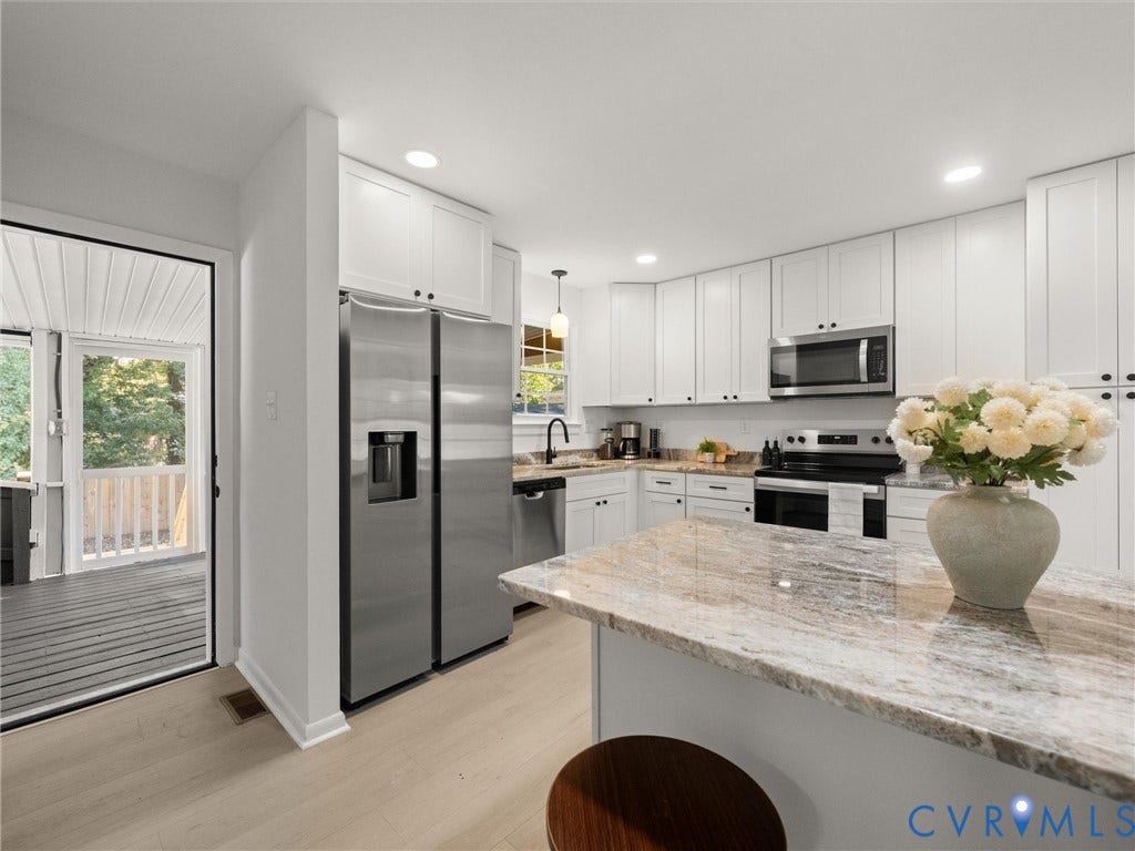 5105 Carryback Drive, Richmond, VA 23234 Kitchen featuring white shaker-style cabinetry, stainless steel appliances, a stone-finish countertop, wood-finish flooring, and recessed lighting