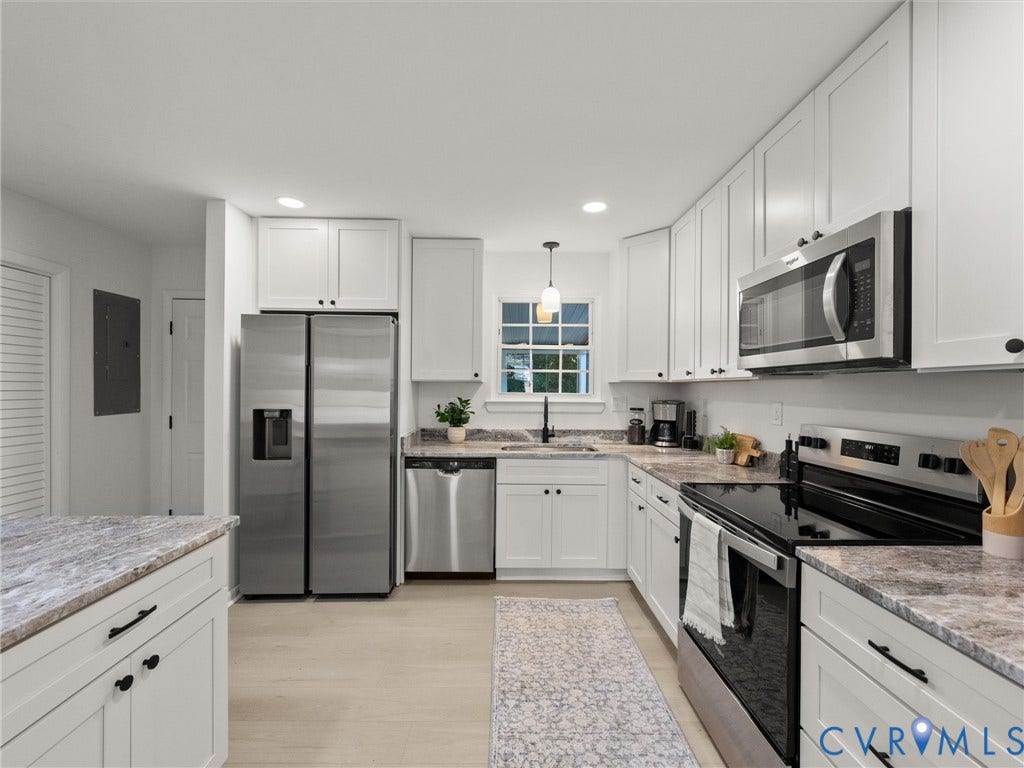 5105 Carryback Drive, Richmond, VA 23234 Kitchen featuring white shaker cabinetry, stainless steel appliances, neutral stone-finish countertops, and wood-finish flooring