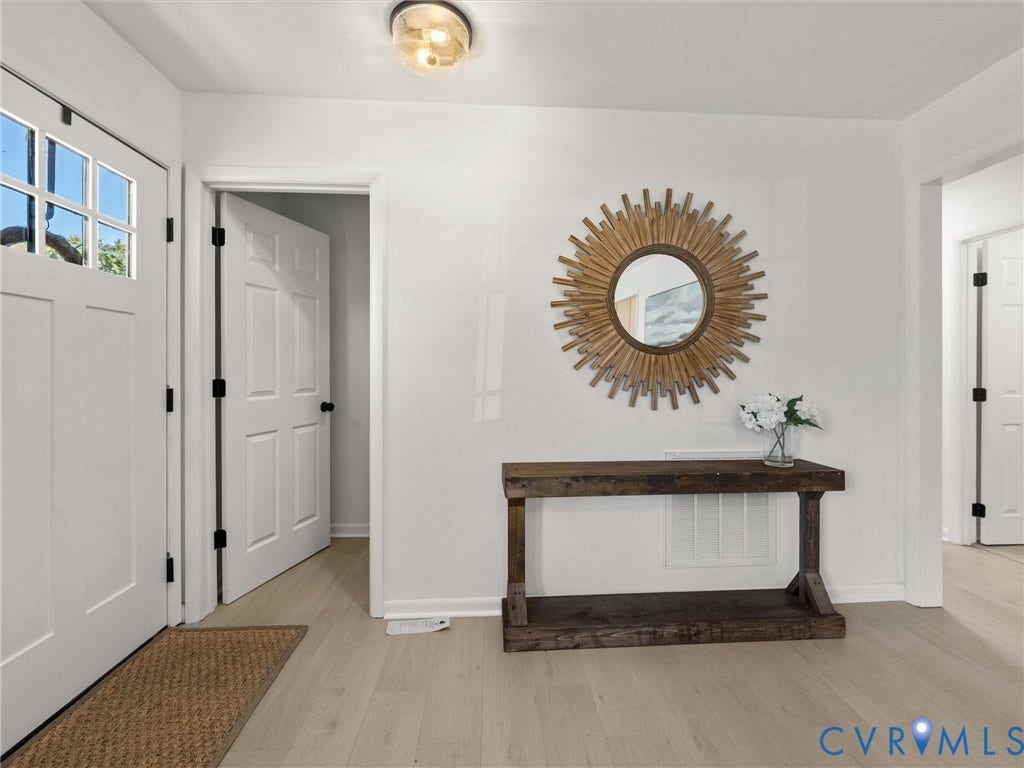 5105 Carryback Drive, Richmond, VA 23234 Entryway featuring light-toned wood-finish flooring, a white paneled front door with glass transom inserts, and a dome-style flush-mount ceiling fixture