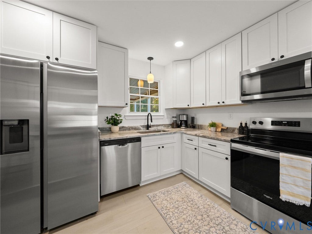 5105 Carryback Drive, Richmond, VA 23234 Kitchen featuring white shaker cabinetry, stainless steel appliances, neutral stone-finish countertops, undermount sink with matte black faucet, and light-toned wood-finish flooring