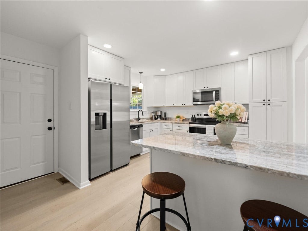 5105 Carryback Drive, Richmond, VA 23234 Kitchen featuring white cabinetry, stone-finish countertops, stainless steel appliances, and wood-finish flooring