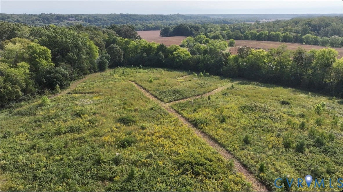 0 Old River Trail, Powhatan, VA 23139 Expansive parcel of land featuring open meadow terrain, mature perimeter tree lines, and dirt access paths