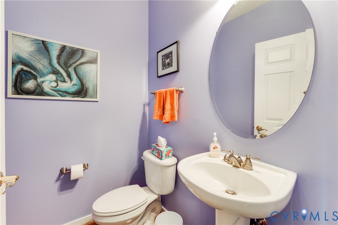 704 Taylors Hill Court, Manakin Sabot, VA 23103 Bathroom with a pedestal sink, oval frameless mirror, and a two-piece toilet