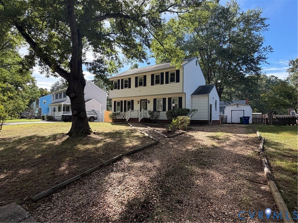2228 Early Settlers Road, Midlothian, VA 23235 Two-story colonial exterior featuring light-colored horizontal siding, black shutters, a covered front entryway, and a detached storage structure, all set on a lot with mature trees