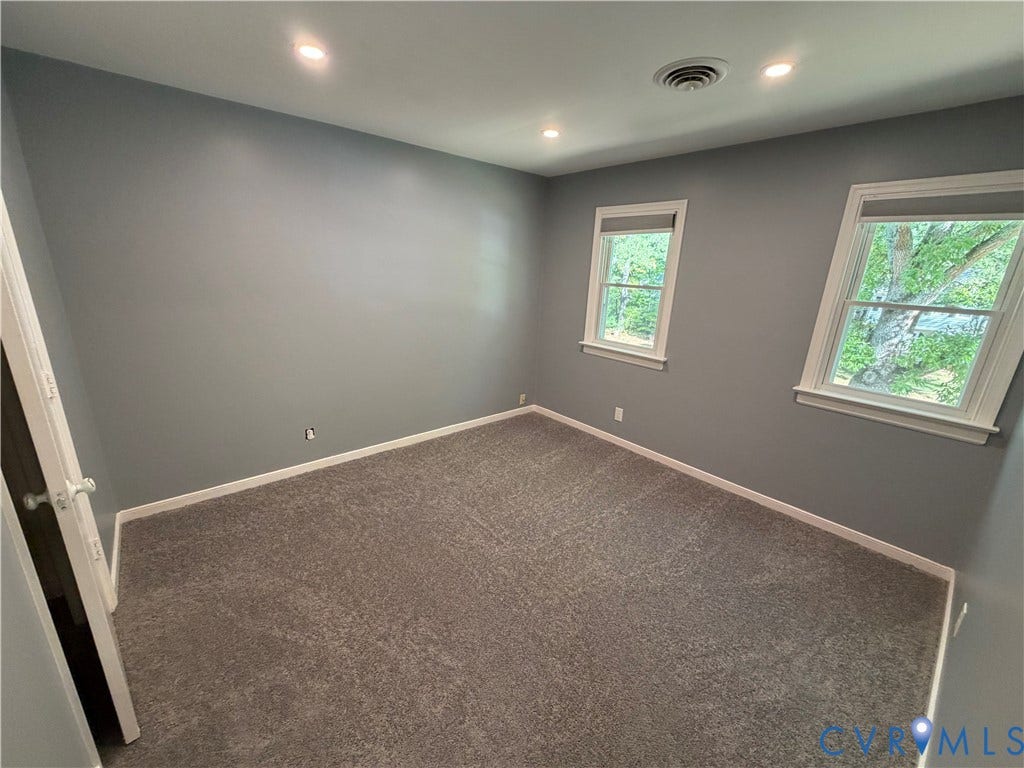 2228 Early Settlers Road, Midlothian, VA 23235 Bedroom 2 Neutral-toned interior room featuring wall-to-wall carpeting, recessed ceiling lighting, and double-pane windows