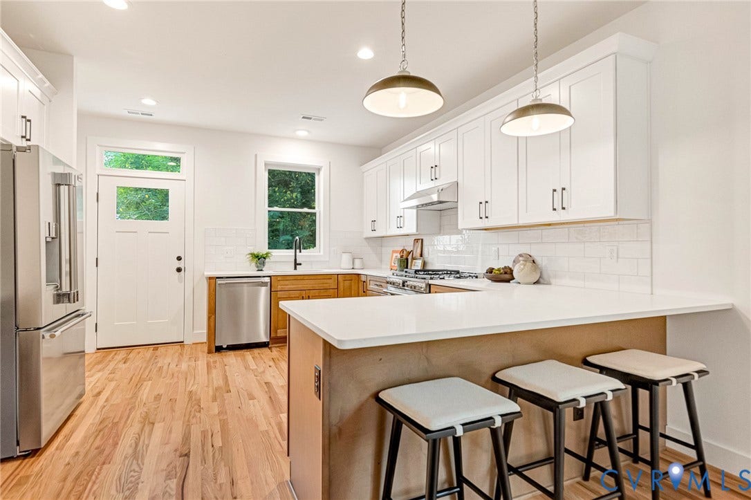 3021 E Franklin Street, St. John's Church, Richmond, VA 23223 Kitchen featuring white shaker-style cabinetry, solid-surface countertops, subway tile backsplash, stainless steel appliances, and wood-finish flooring