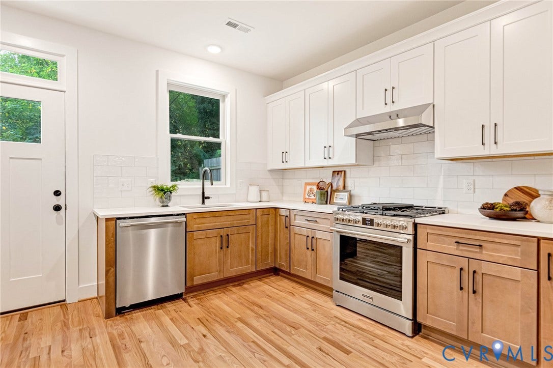 3021 E Franklin Street, St. John's Church, Richmond, VA 23223 Kitchen featuring white upper cabinets, wood-finish lower cabinetry, stone-style countertops, white subway tile backsplash, and stainless steel appliances