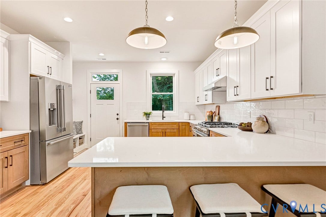 3021 E Franklin Street, St. John's Church, Richmond, VA 23223 Kitchen featuring white shaker-style cabinetry, a quartz countertop island, stainless steel appliances, a white subway tile backsplash, and light wood-finish flooring