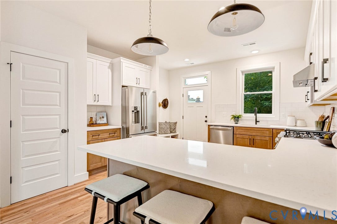3021 E Franklin Street, St. John's Church, Richmond, VA 23223 Kitchen featuring white stone countertops, a combination of white upper and natural wood lower cabinetry, stainless steel appliances, wood-finish flooring, and industrial-style pendant lighting