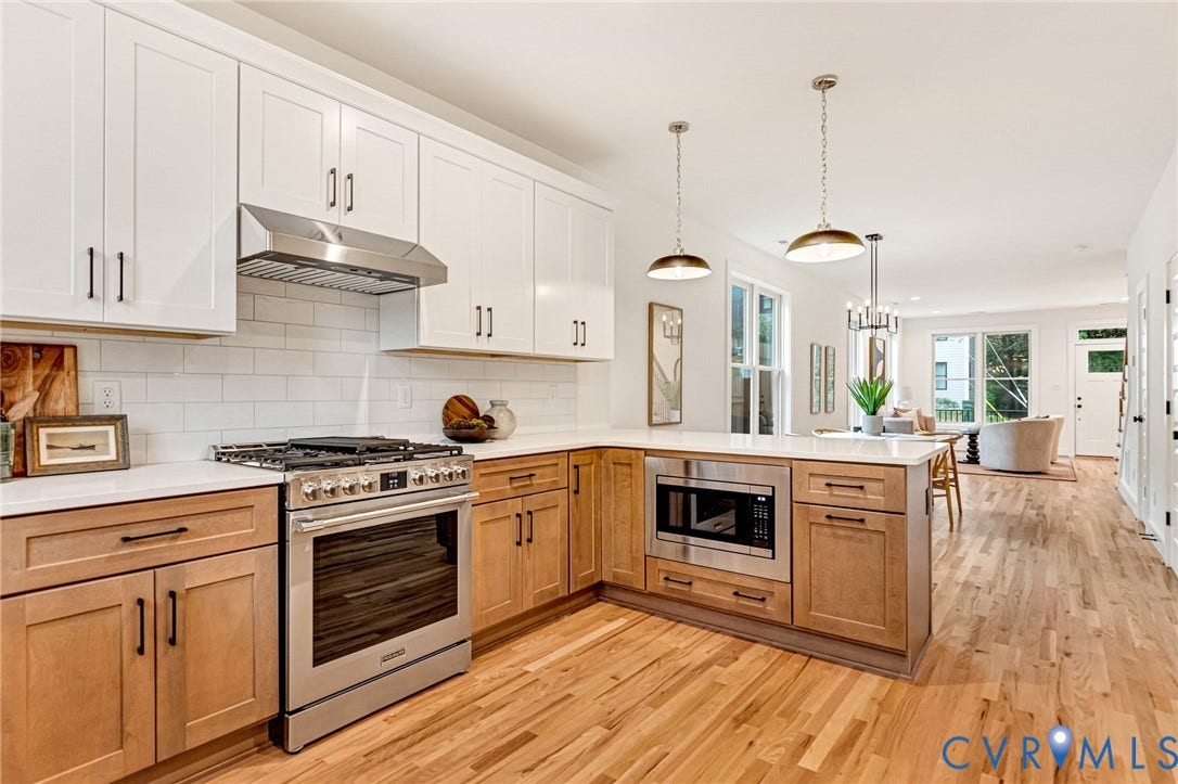 3021 E Franklin Street, St. John's Church, Richmond, VA 23223 Kitchen featuring two-tone cabinetry with white upper cabinets and light wood-finish base cabinets, subway tile backsplash, stainless steel gas range, built-in microwave, and wood-finish flooring