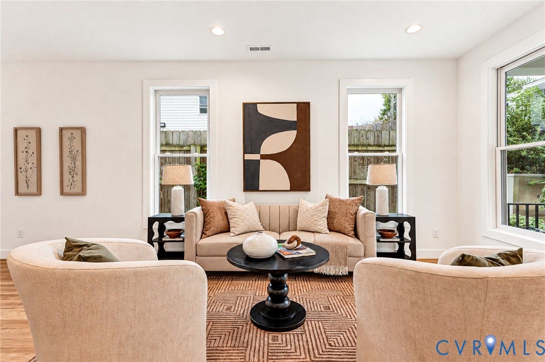 3021 E Franklin Street, St. John's Church, Richmond, VA 23223 Neutral-toned interior featuring wood-finish flooring, recessed lighting, and multiple tall double-hung windows