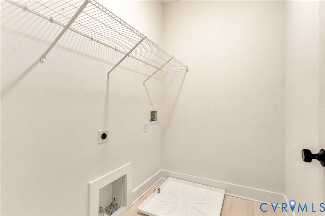 3021 E Franklin Street, St. John's Church, Richmond, VA 23223 Utility space featuring a white drain pan, white wall-mounted shelving, and designated water and electrical hookups