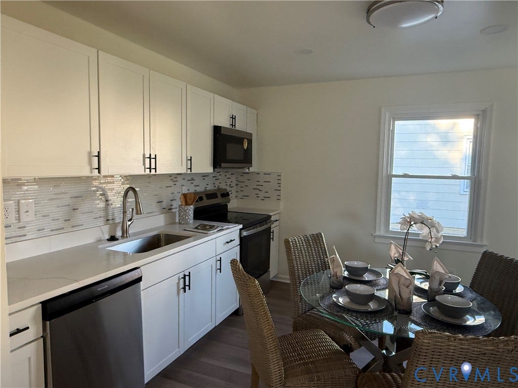 120 N New Avenue, Henrico, VA 23075 Kitchen featuring white cabinetry, solid-surface countertops, horizontal tile backsplash, stainless steel appliances, and a high-arch faucet