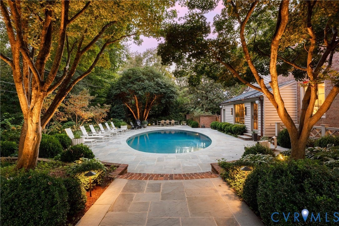 301 Lock Lane, Windsor Farms, Richmond, VA 23226 Renovated saltwater pool with a heater and chiller, set in new bluestone under new landscape lighting.