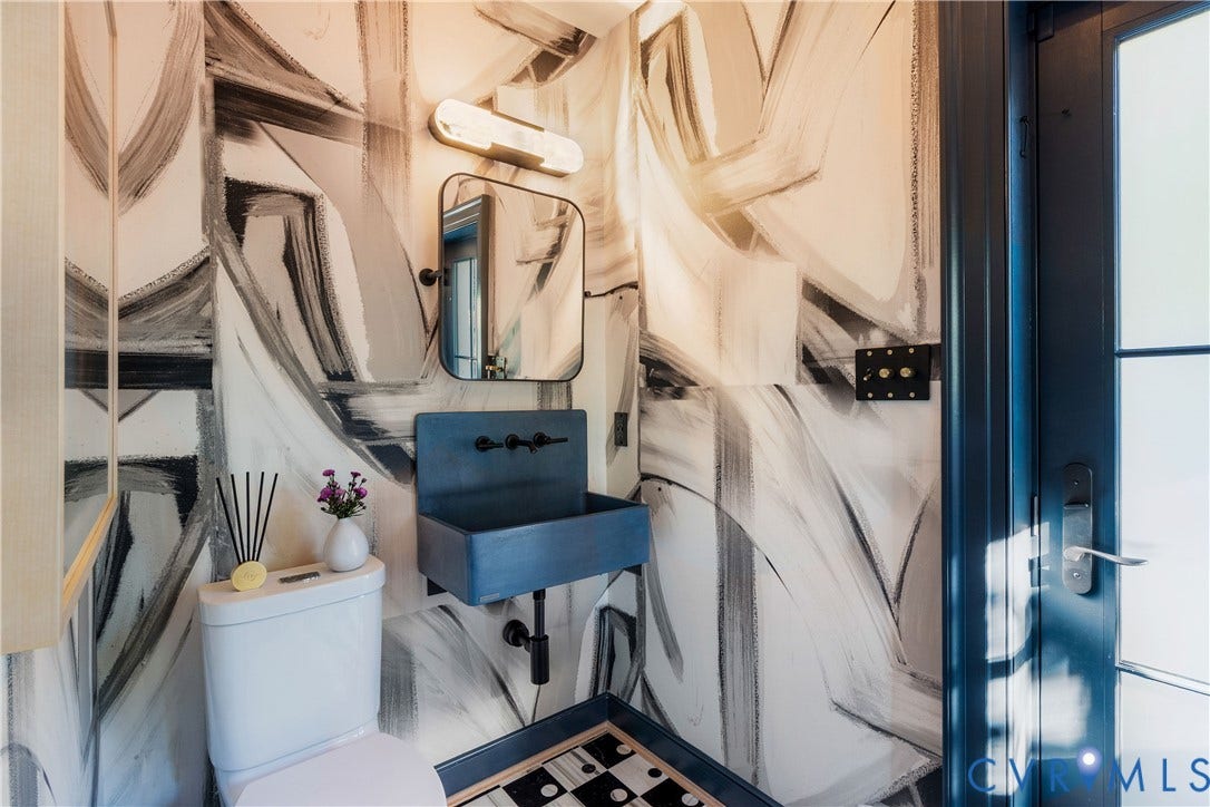301 Lock Lane, Windsor Farms, Richmond, VA 23226 Pool bath with a custom Lindsay Cowles mural, Kelly Wearstler marble floor and towel cabinetry, with its own door to the pool.
